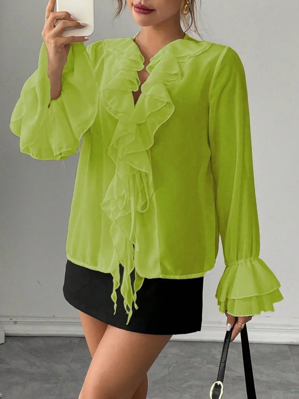 Green Casual Women's Chiffon Lantern Sleeve V-Neck Tie Front Loose Blouse - Picture 6 of 6